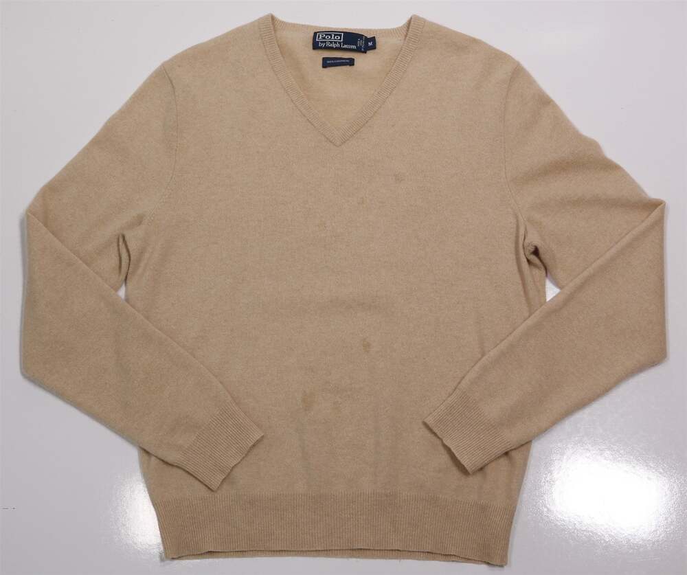 Polo Ralph Lauren Salesman Sample Tan 100% Cashmere V-Neck Sweater Medium